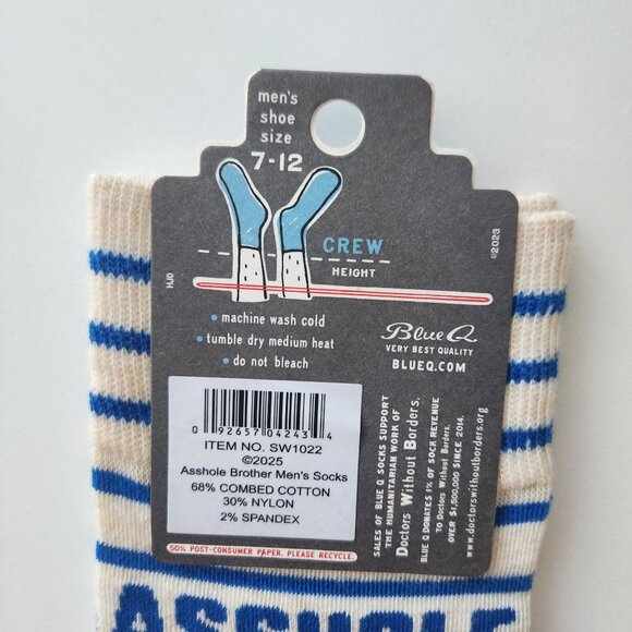 Blue Q Mens Crew Socks "A**hole Brother" Blue & Cream Striped Soft Combed Cotton - Picture 6 of 6
